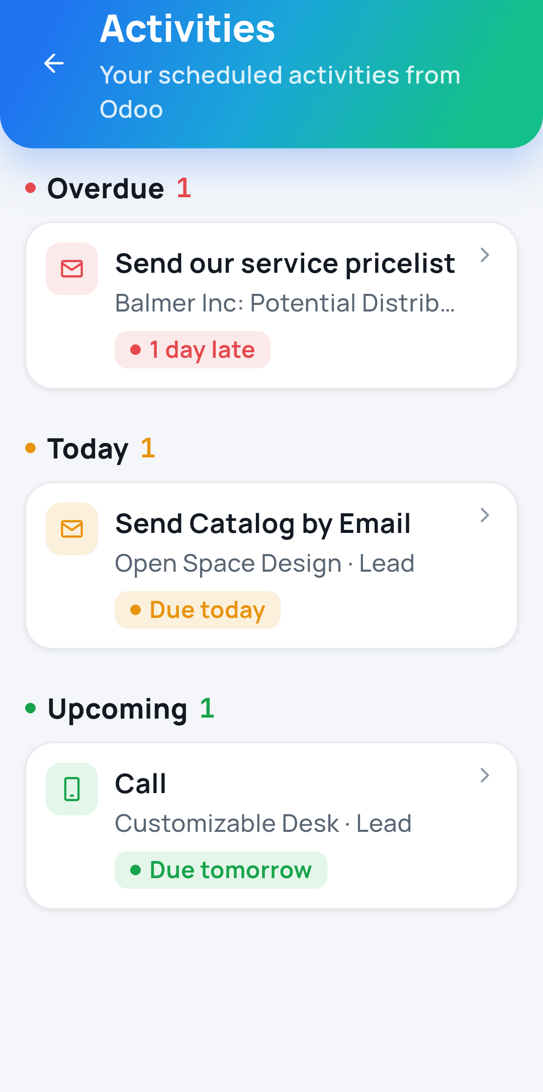 Activities screen: overdue, today and upcoming Odoo activities