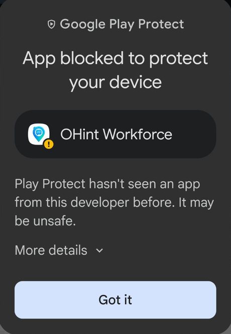 Google Play Protect warning: App blocked to protect your device, with a More details link.
