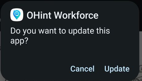 Confirmation dialog asking whether to install or update OHint Workforce.
